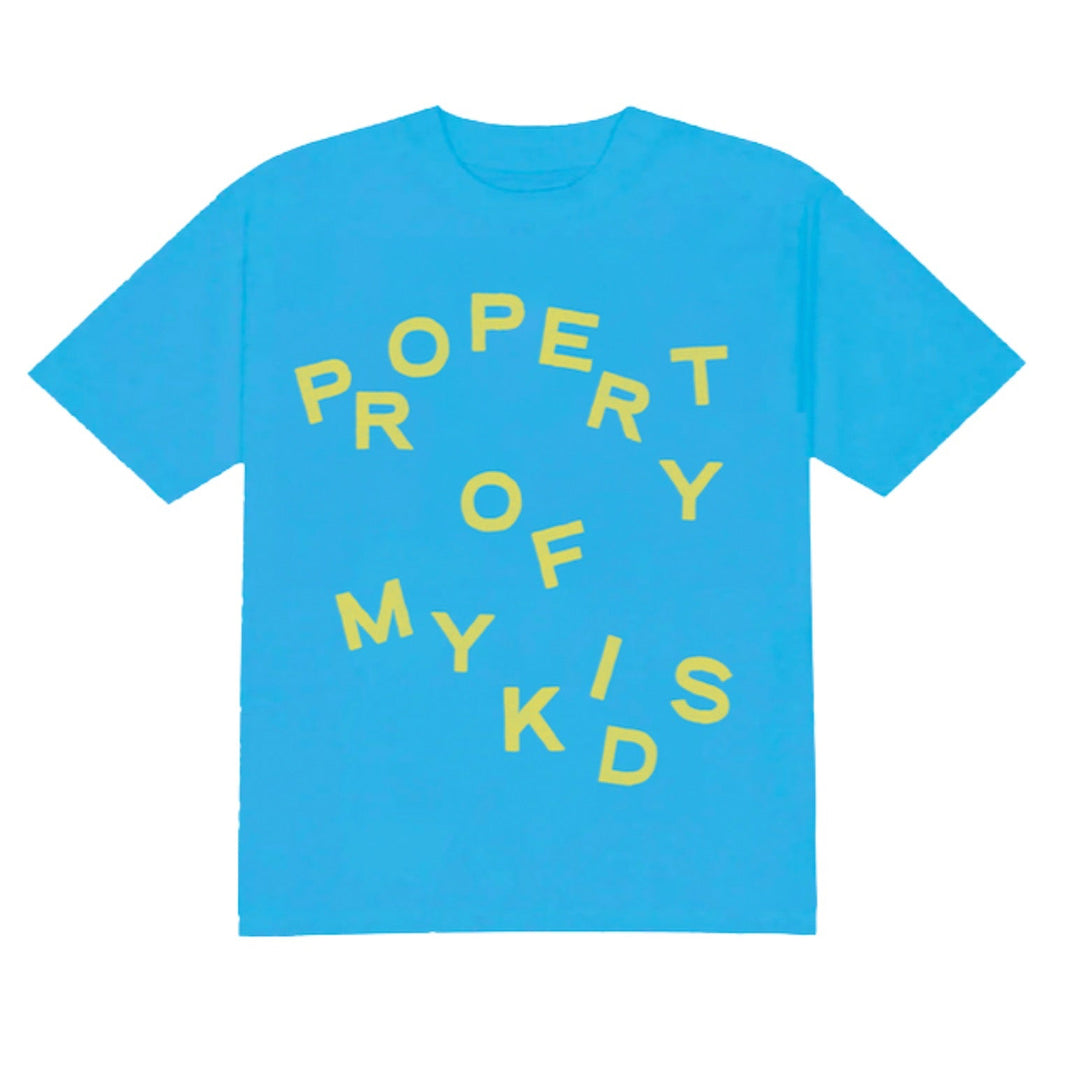 Blue t-shirt with yellow text 'PROPERTY OF MY KIDS' on a white background
