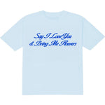 Light blue t-shirt with text on a white background