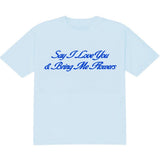 Light blue t-shirt with text on a white background