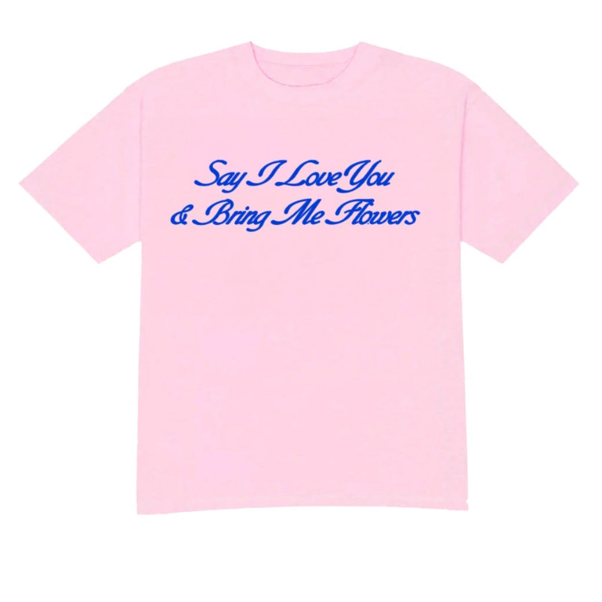 Pink t-shirt with blue text on a white background
