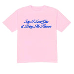 Pink t-shirt with blue text on a white background