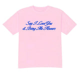 Pink t-shirt with blue text on a white background