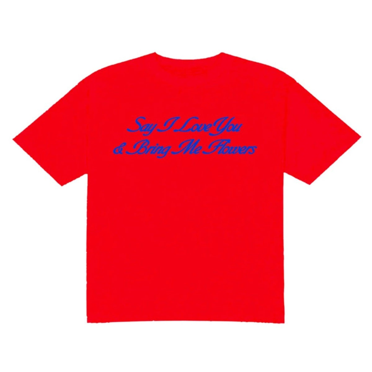 Red t-shirt with blue text on a white background