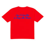 Red t-shirt with blue text on a white background