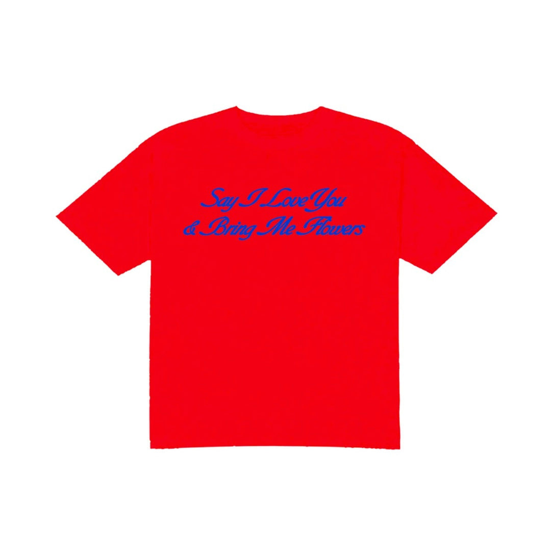 Red t-shirt with blue text on a white background