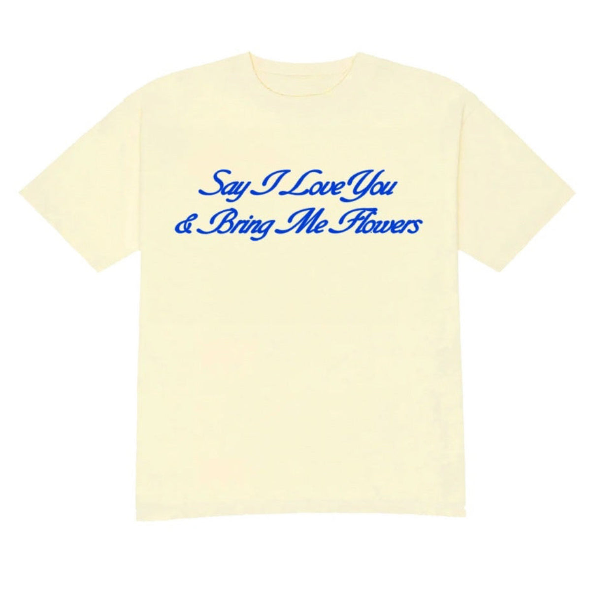 Yellow t-shirt with blue text on a white background