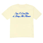 Yellow t-shirt with blue text on a white background