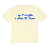 Yellow t-shirt with blue text on a white background