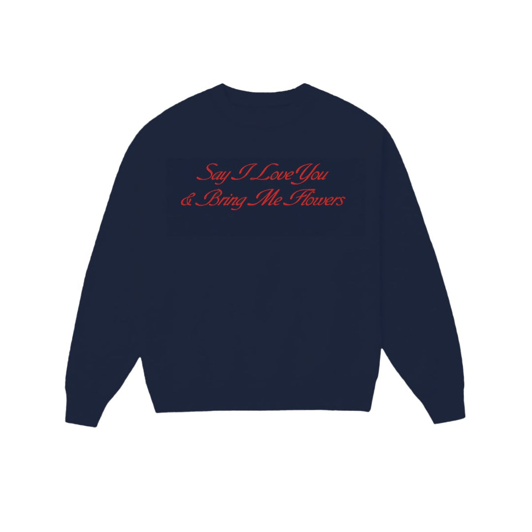Navy blue sweatshirt with red text on a white background