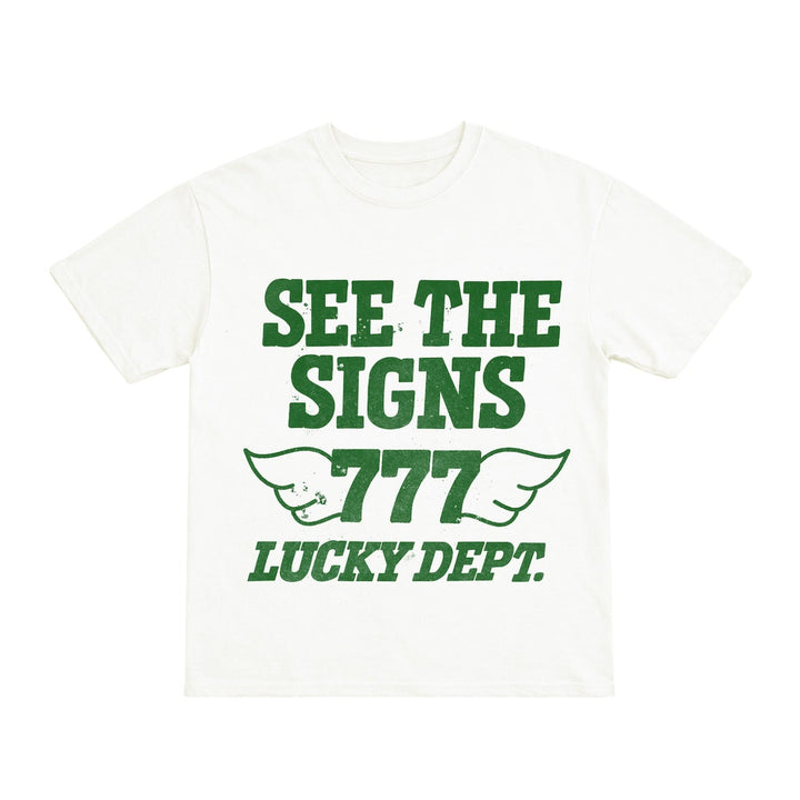White t-shirt with green text &