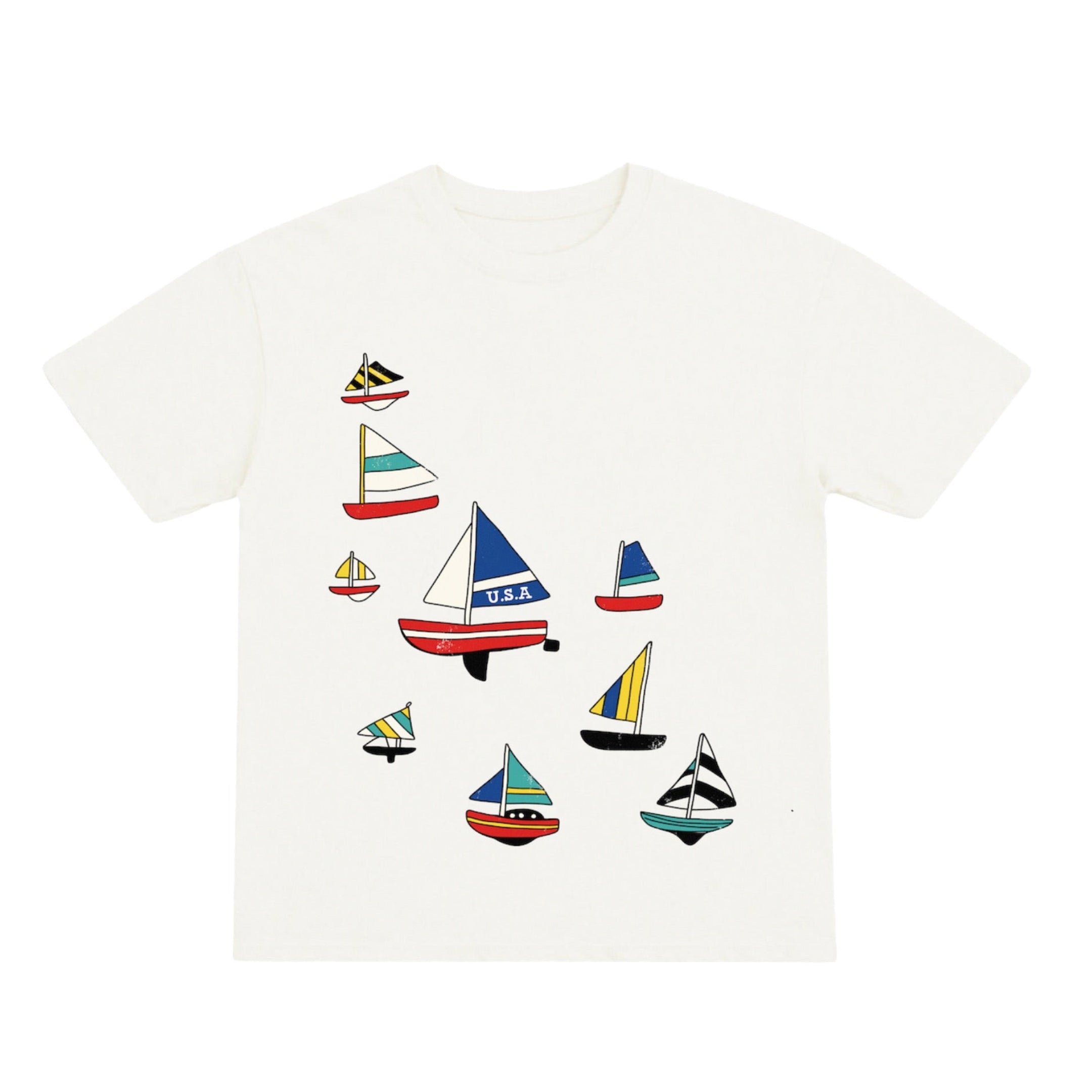 White t-shirt with colorful sailboat designs on a white background