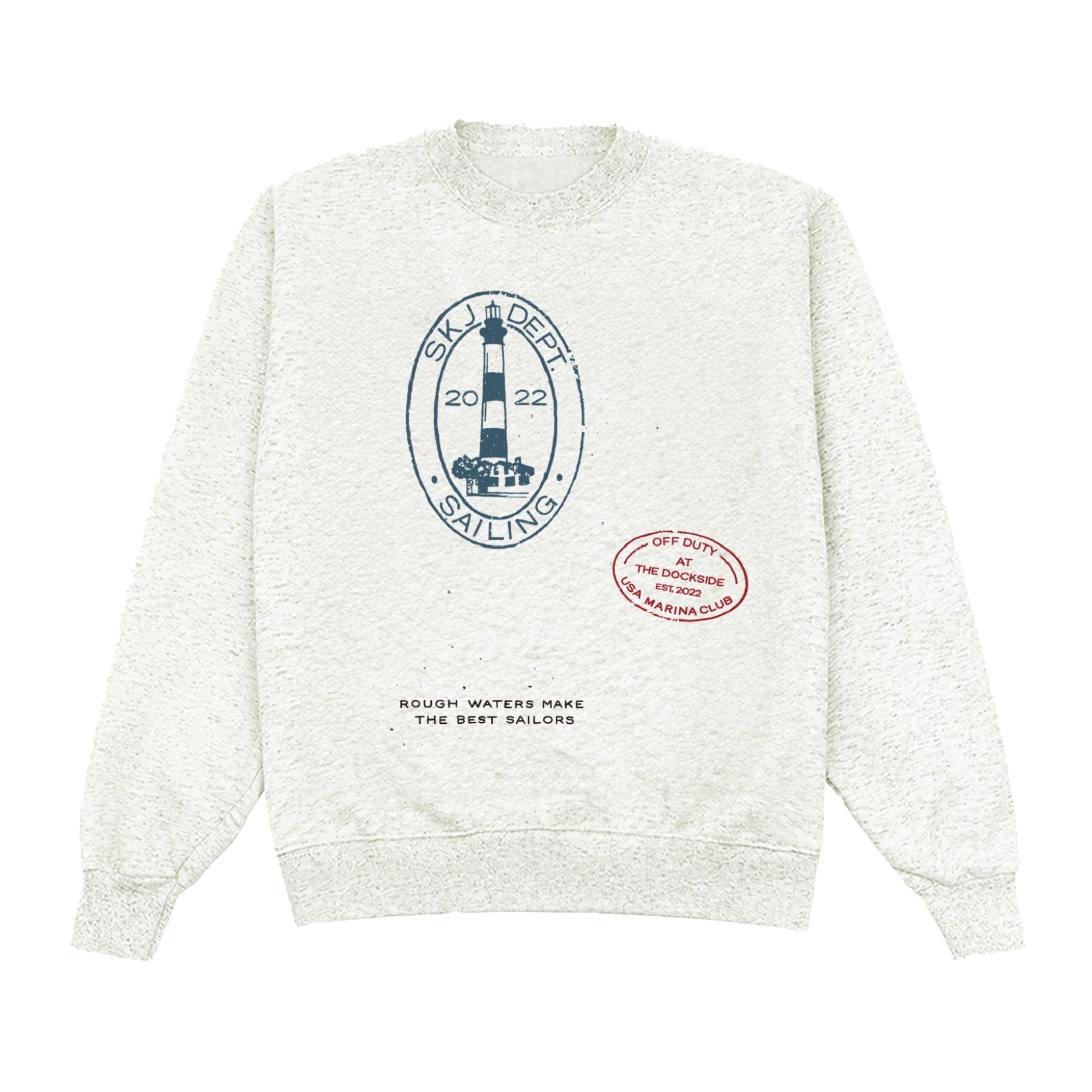 White sweatshirt with graphic design on a white background