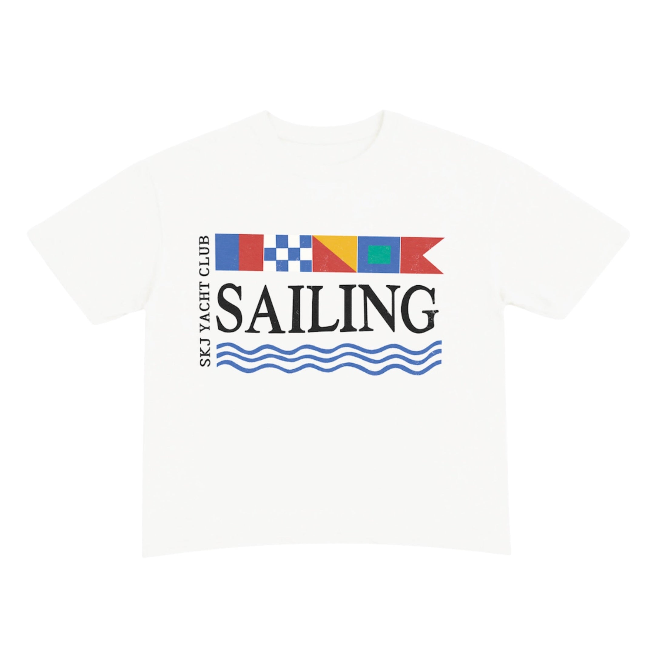 White t-shirt with 'Sailing' text and nautical flags on a white background