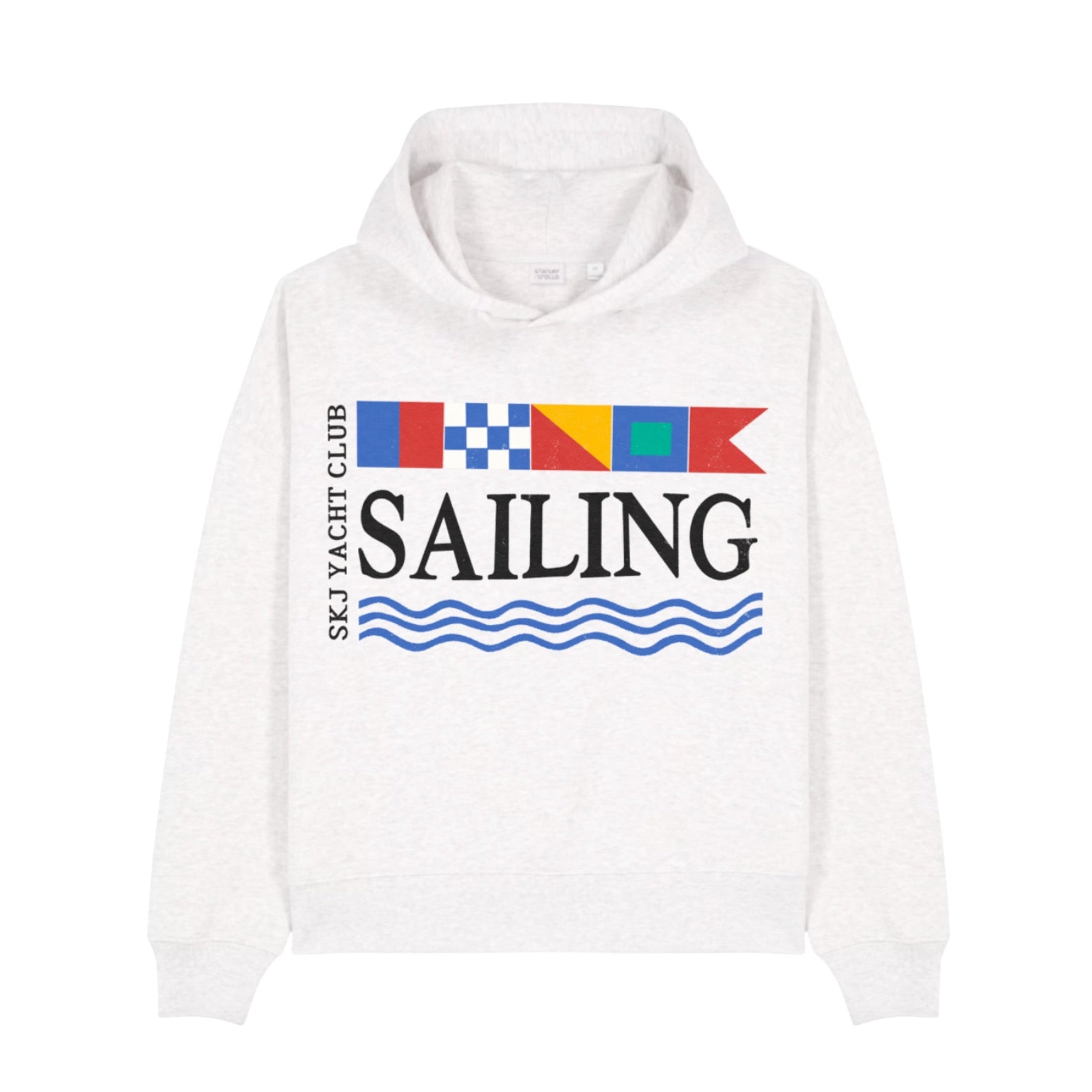 White hoodie with sailing-themed design on a white background