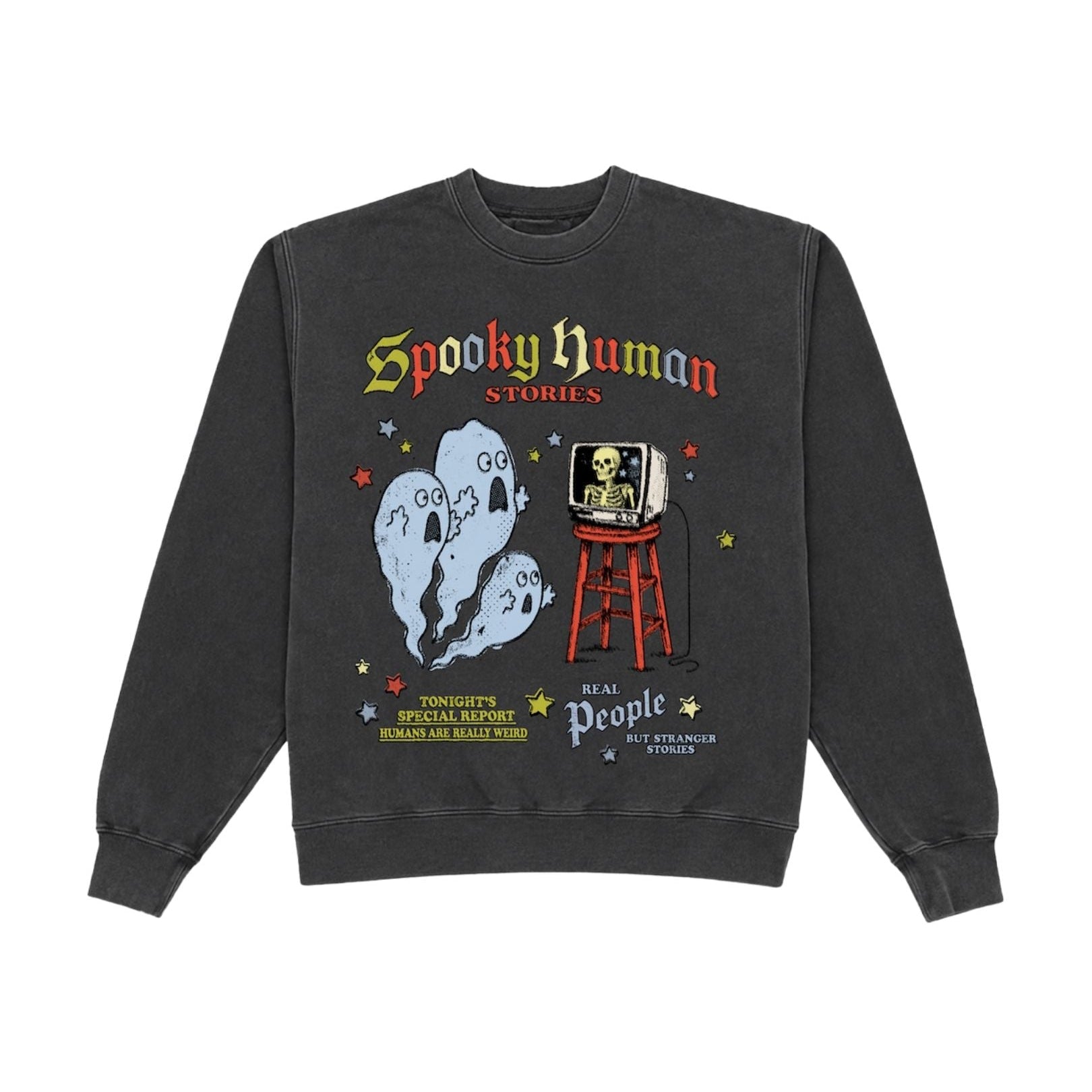 A dark charcoal gray crewneck sweatshirt featuring a colorful 'Spooky Human Stories' graphic on the front, displayed against a solid white background.