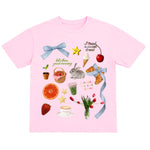 Pink t-shirt with various colorful graphics on a white background