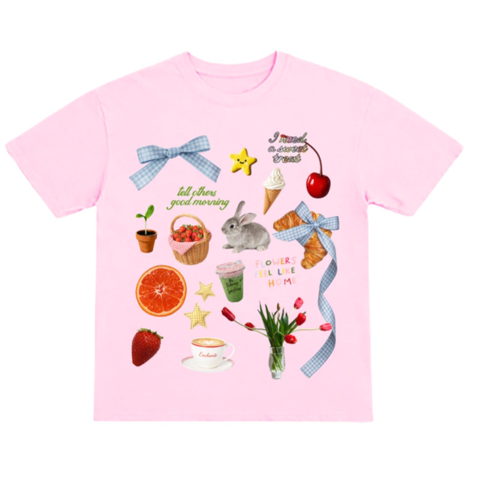Pink t-shirt with various colorful graphics on a white background