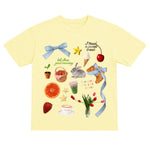 Yellow t-shirt with various illustrations on a white background
