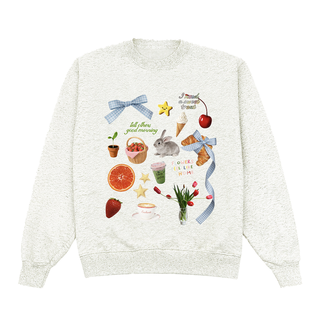 White sweatshirt with colorful graphic design on a white background