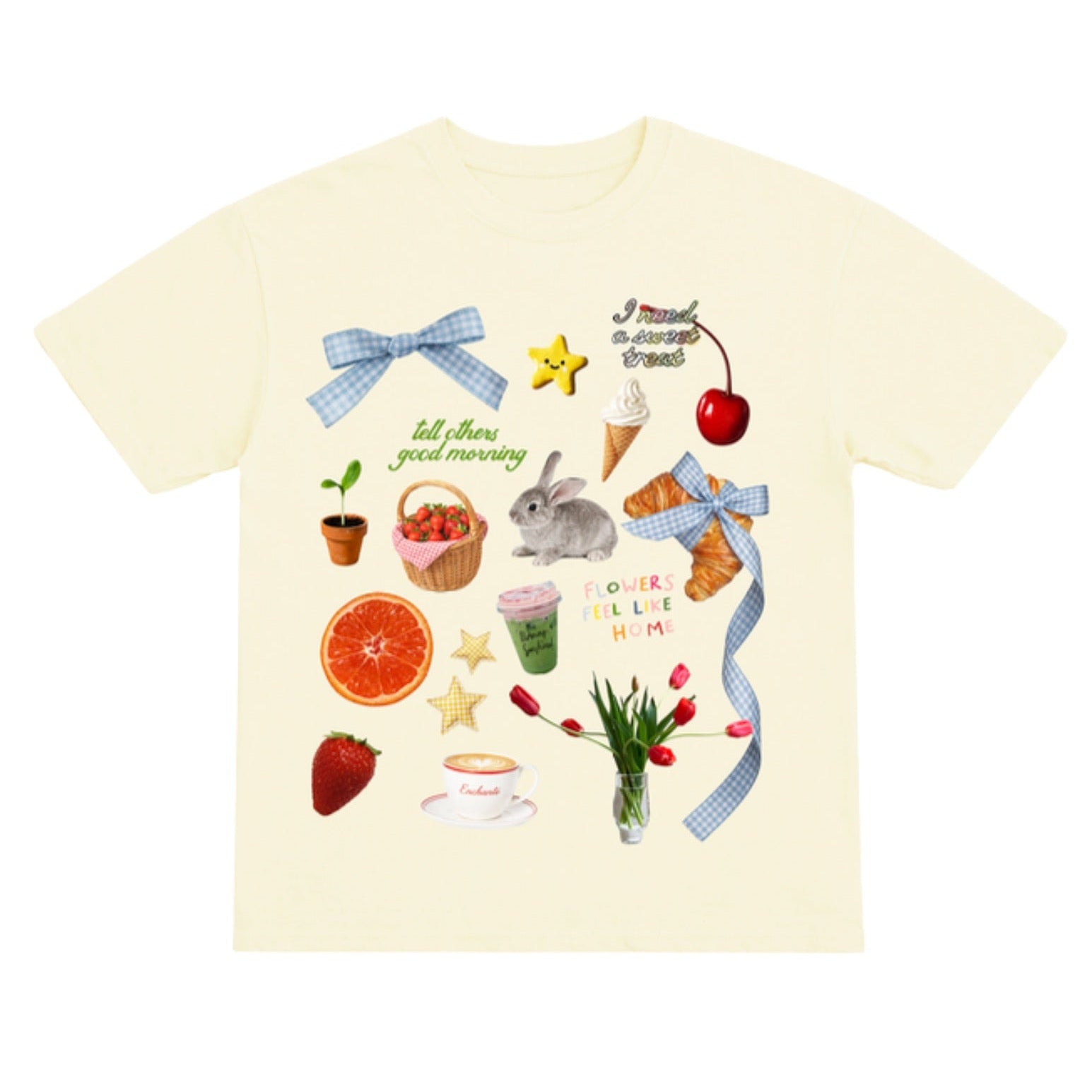 Beige t-shirt with various illustrations on a white background