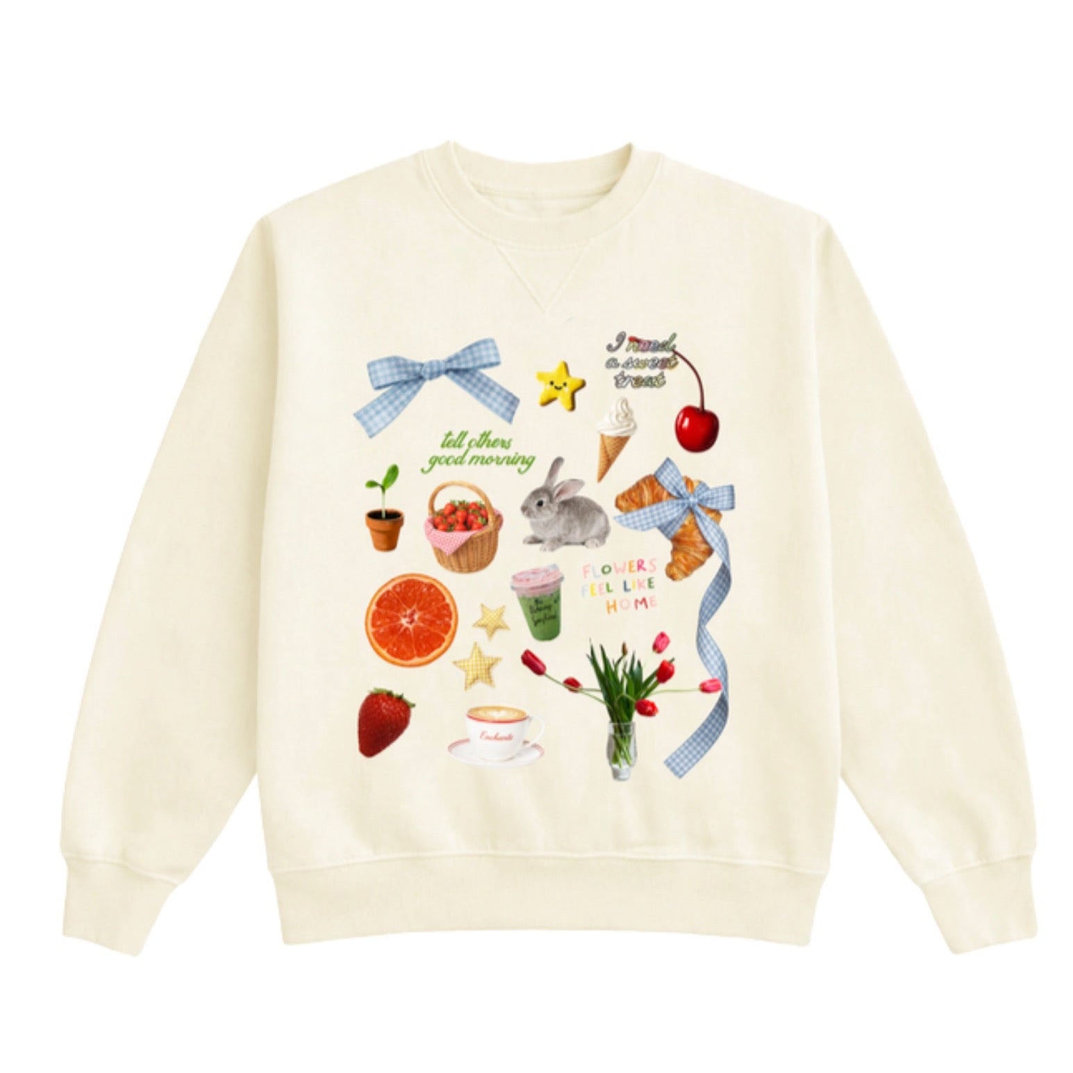 Beige sweatshirt with colorful graphic design on a white background