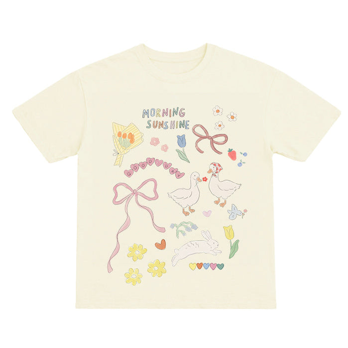 Beige t-shirt with colorful graphics and text on a white background