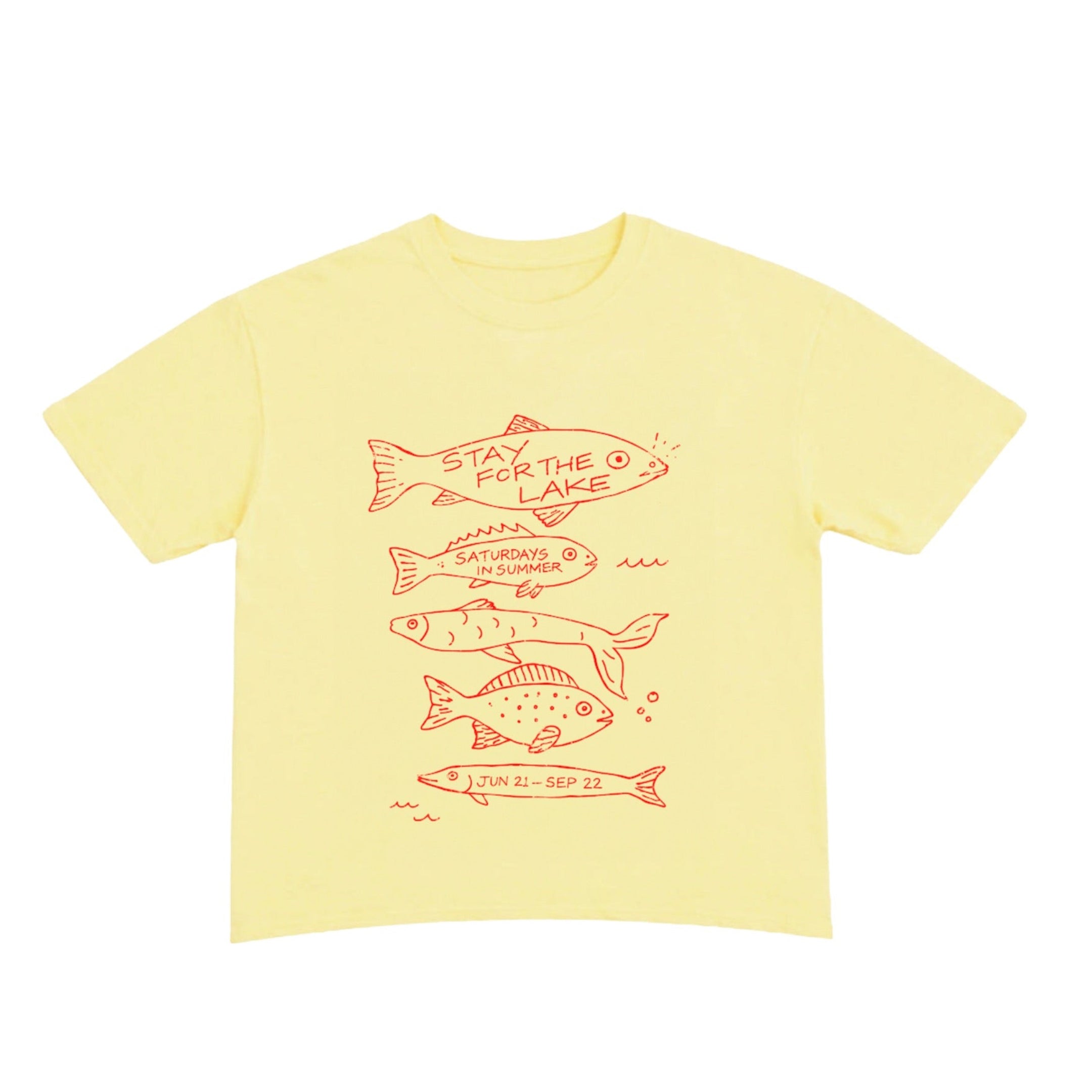 Yellow t-shirt with red fish illustrations on a white background