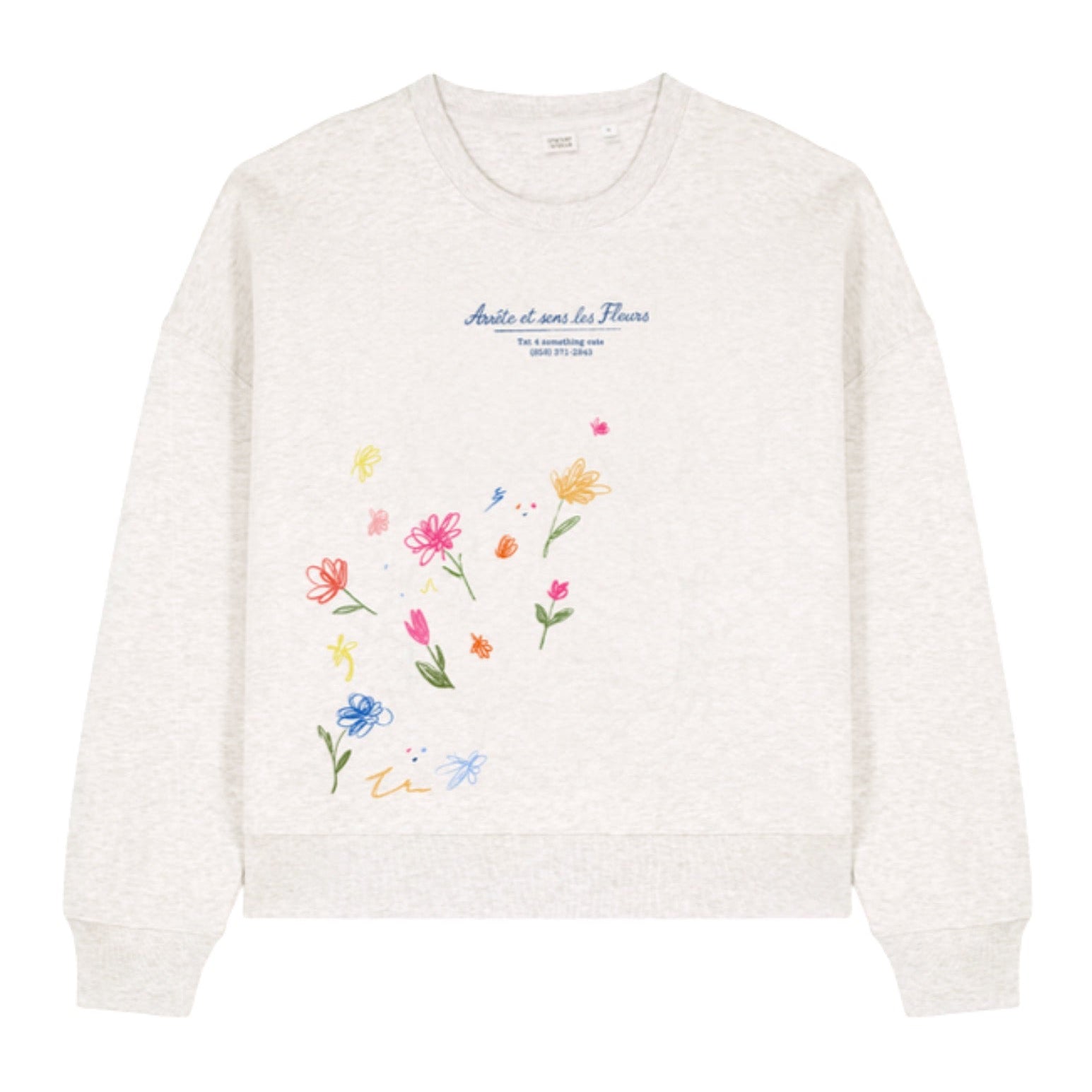 White sweatshirt with floral designs and text on a white background
