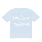 Light blue t-shirt with white fish illustrations on a white background