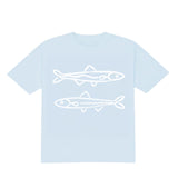 Light blue t-shirt with white fish illustrations on a white background