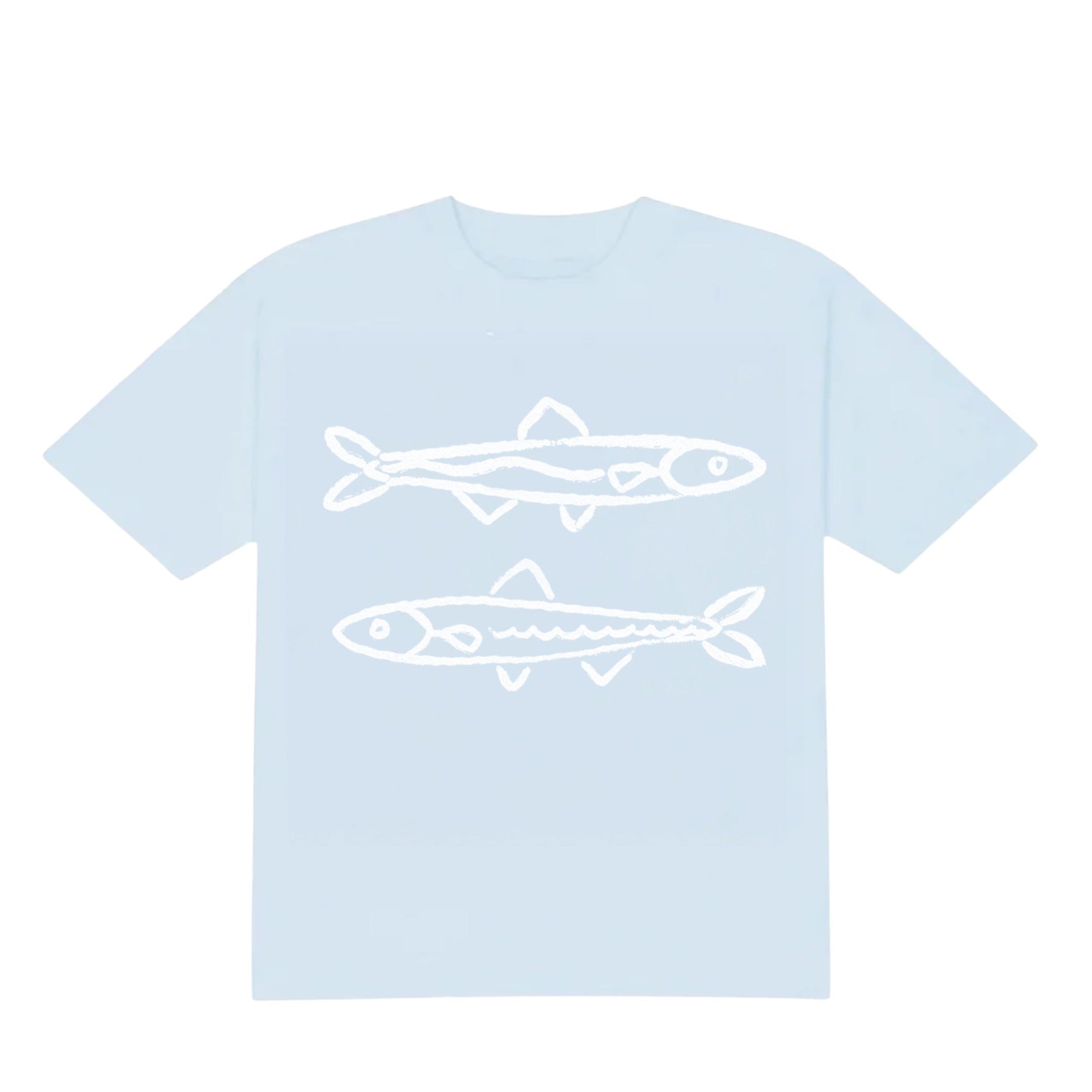 Light blue t-shirt with white fish illustrations on a white background