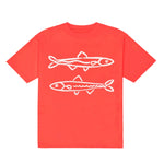 Red t-shirt with white fish graphics on a white background