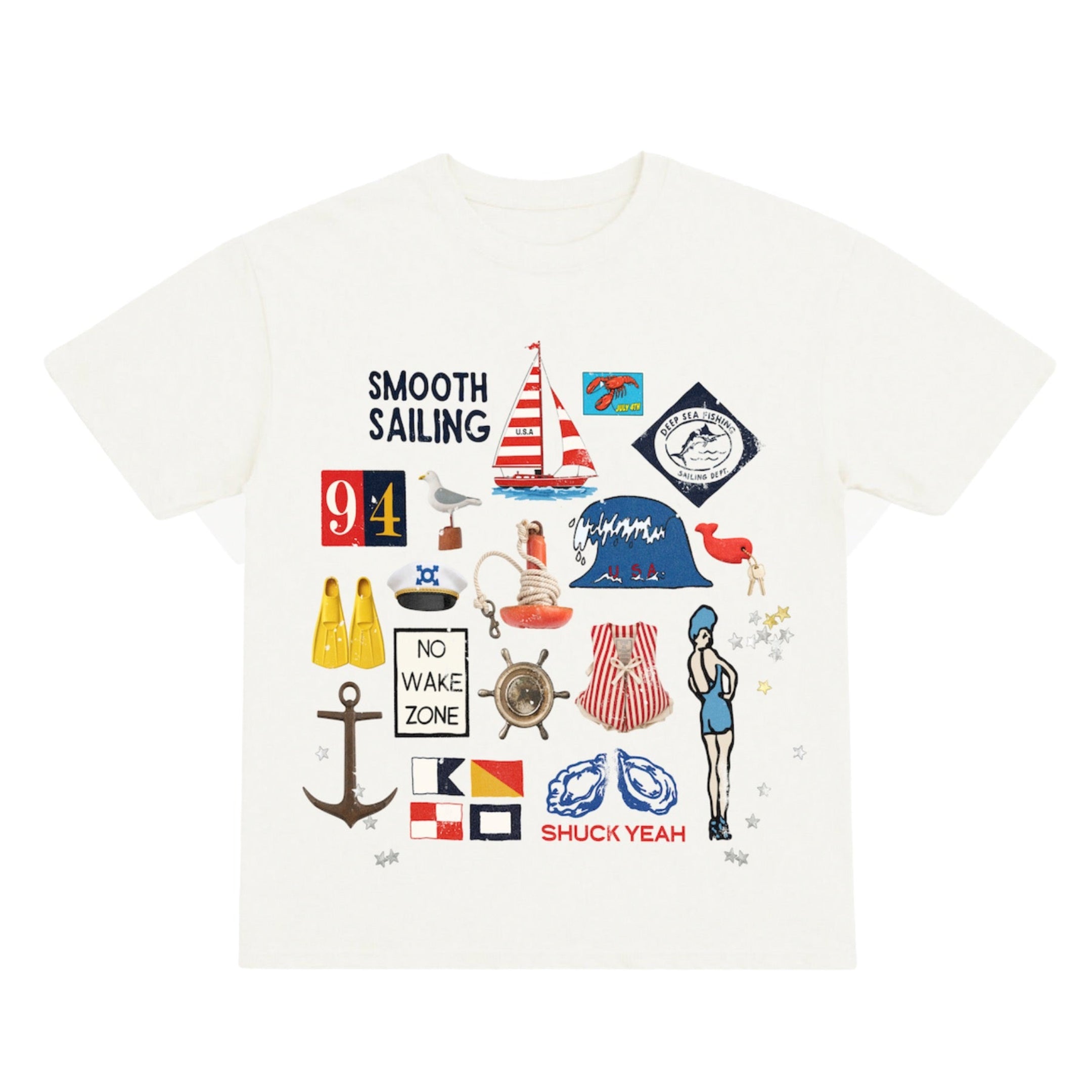 White t-shirt with various nautical-themed graphics and text on a white background