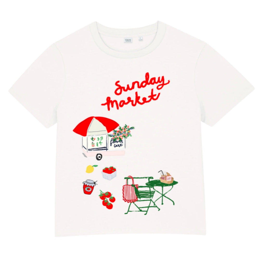 White t-shirt with red and green graphics and text on a white background