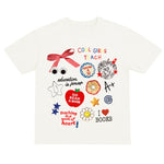 White t-shirt with colorful graphics and text on a white background