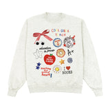 White sweatshirt with colorful graphics and text on a white background