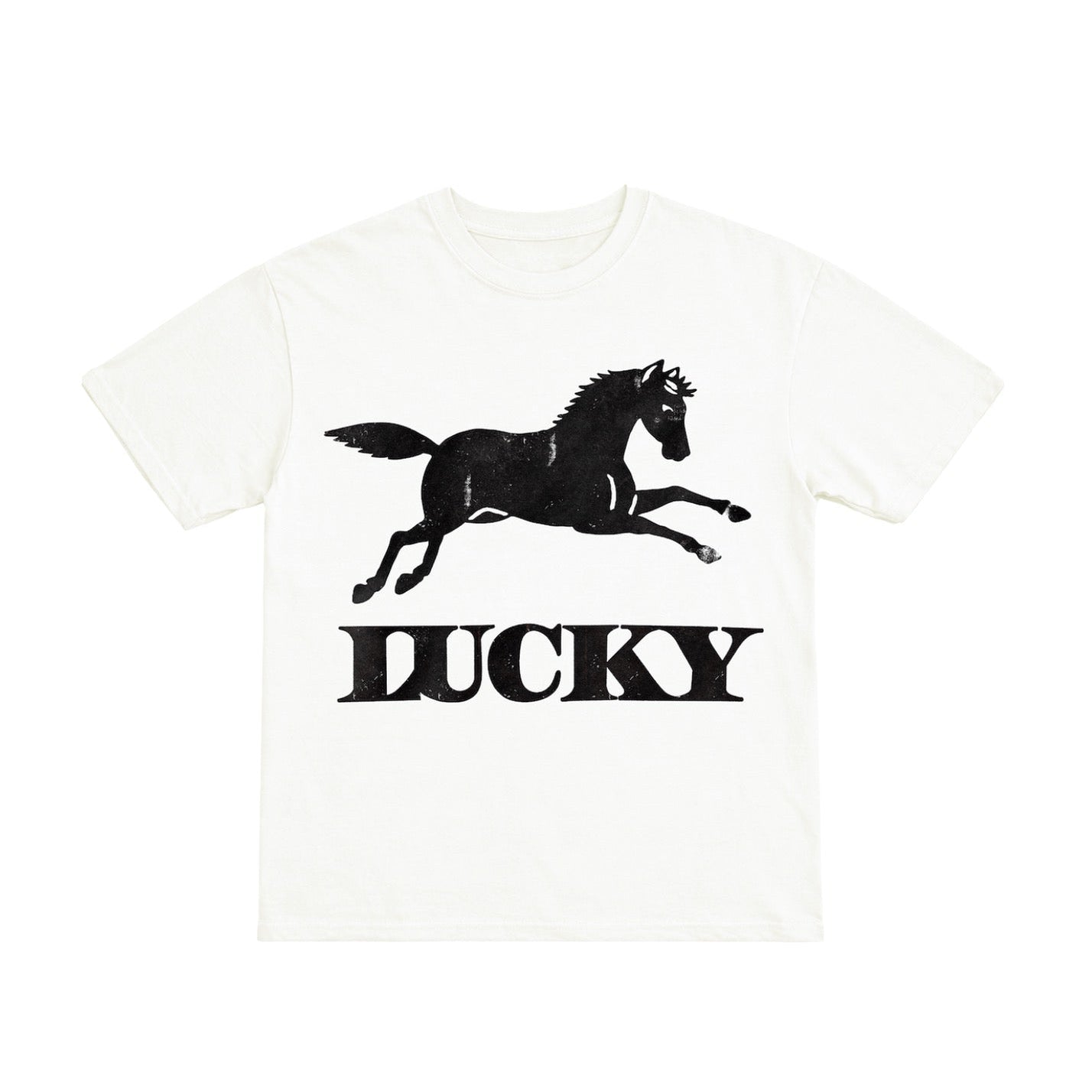 White t-shirt with black horse graphic and 'LUCKY' text on a white background