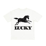 White t-shirt with black horse graphic and 'LUCKY' text on a white background