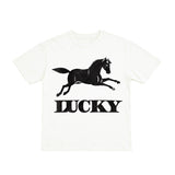White t-shirt with black horse graphic and 'LUCKY' text on a white background