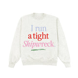 White sweatshirt with colorful text on a white background