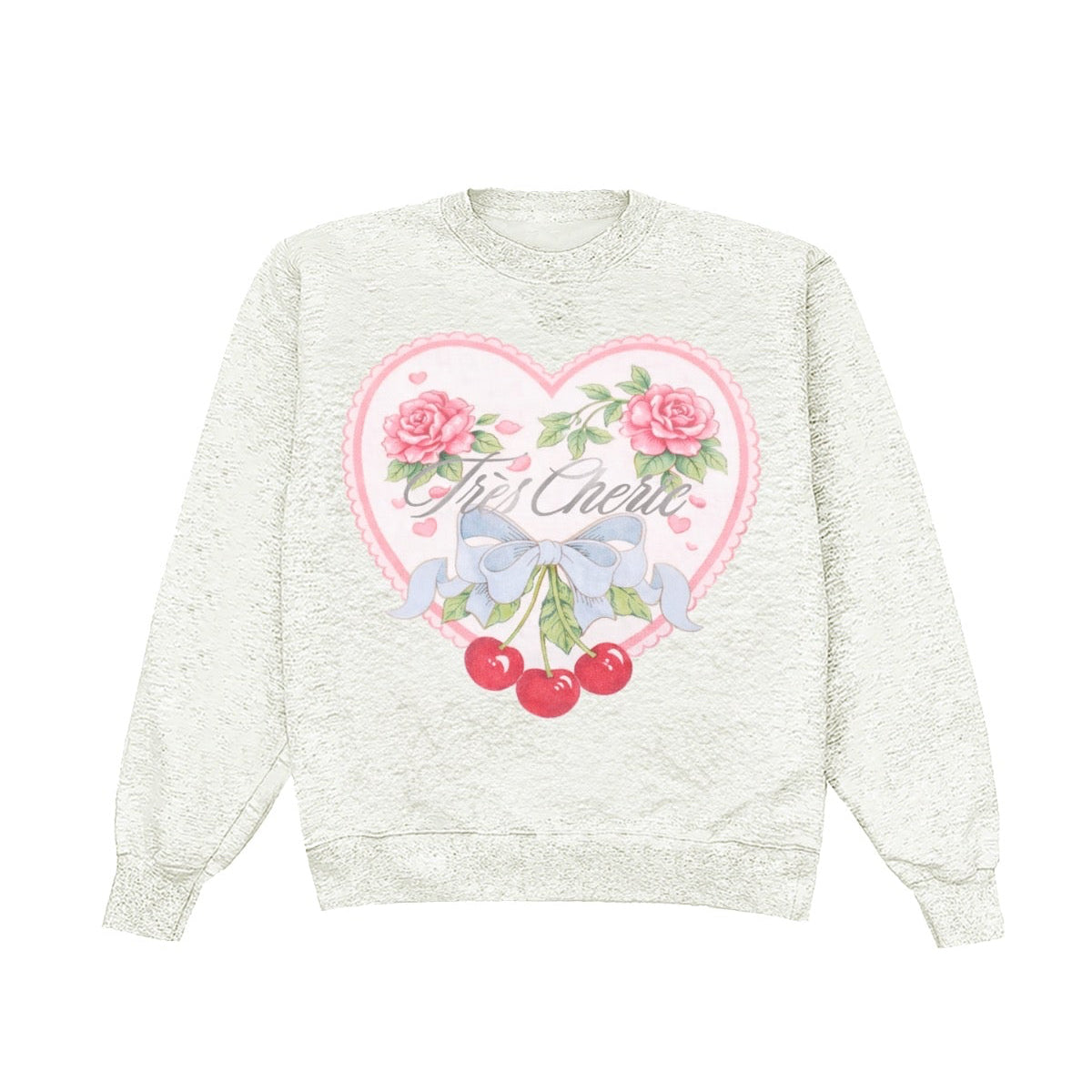 Light gray sweatshirt with floral heart design and text on a white background