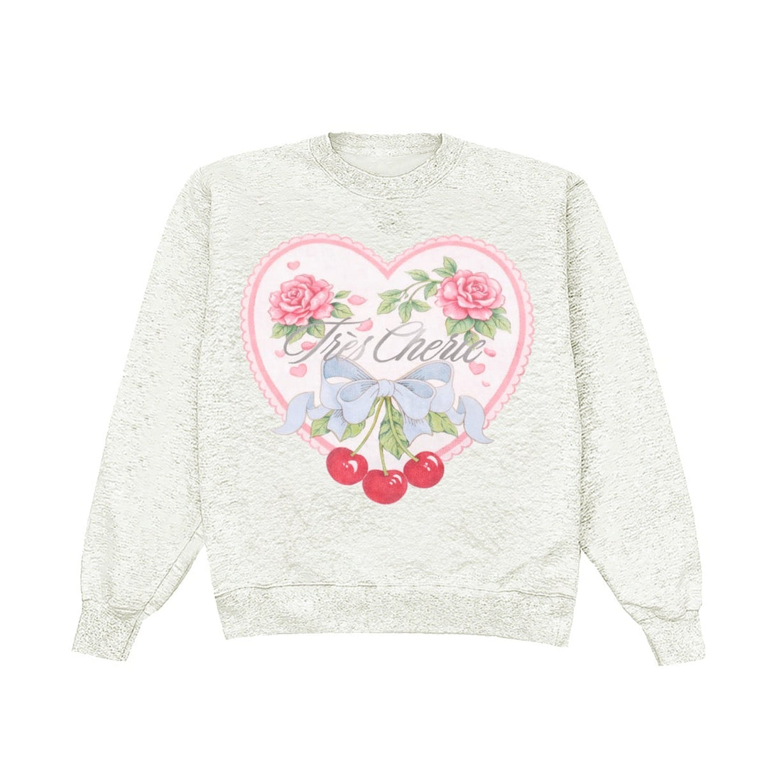 Light gray sweatshirt with floral heart design and text on a white background