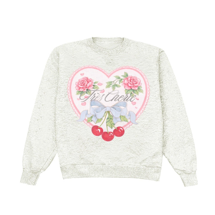 Light gray sweatshirt with floral heart design and text on a white background