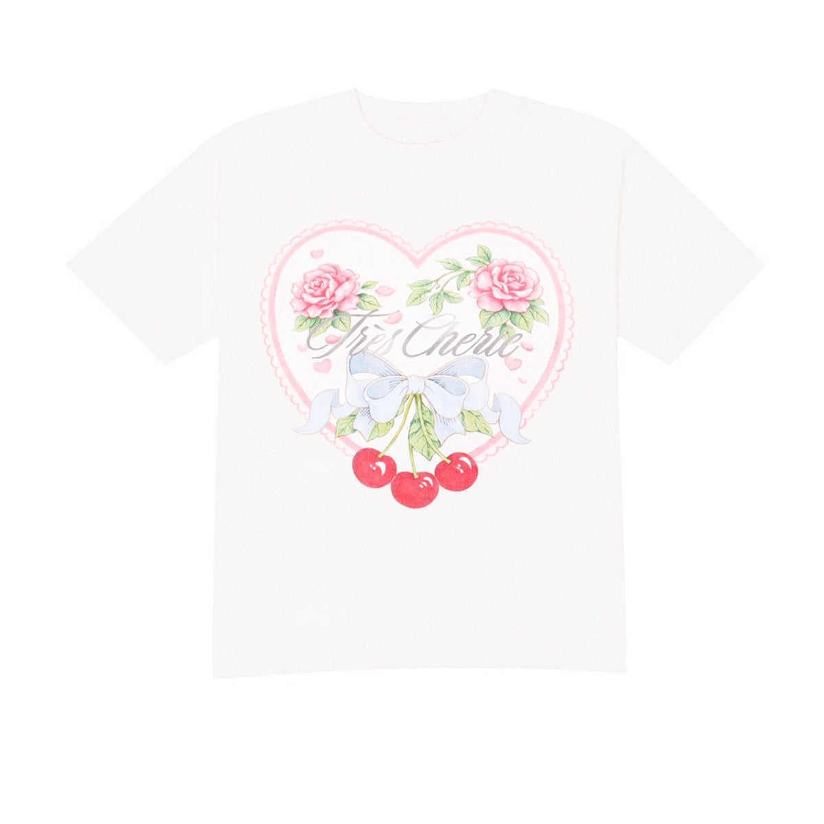 White t-shirt with a heart-shaped graphic design featuring roses and cherries on a white background