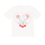 White t-shirt with a heart-shaped graphic design featuring roses and cherries on a white background