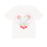 White t-shirt with a heart-shaped graphic design featuring roses and cherries on a white background