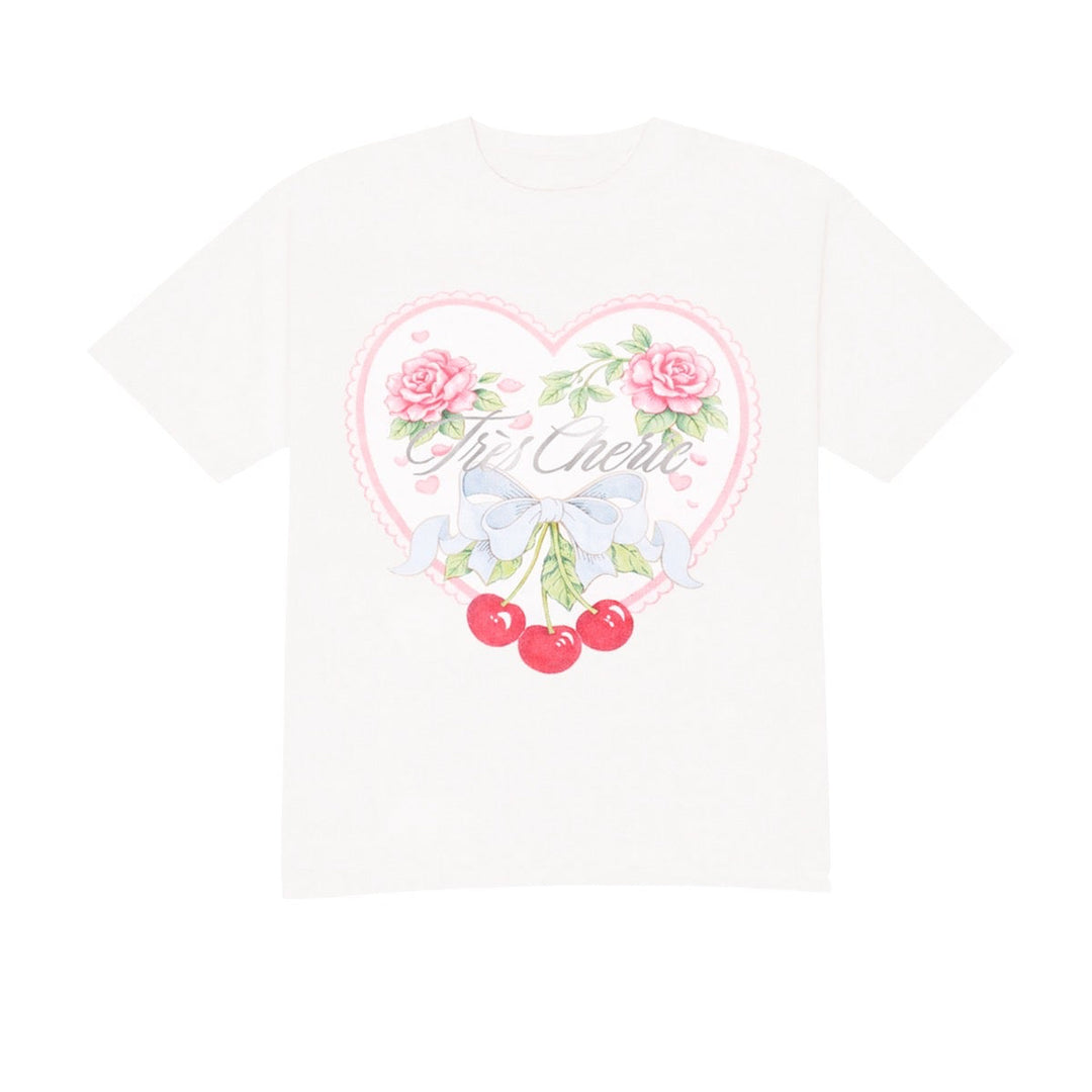 White t-shirt with a heart-shaped graphic design featuring roses and cherries on a white background