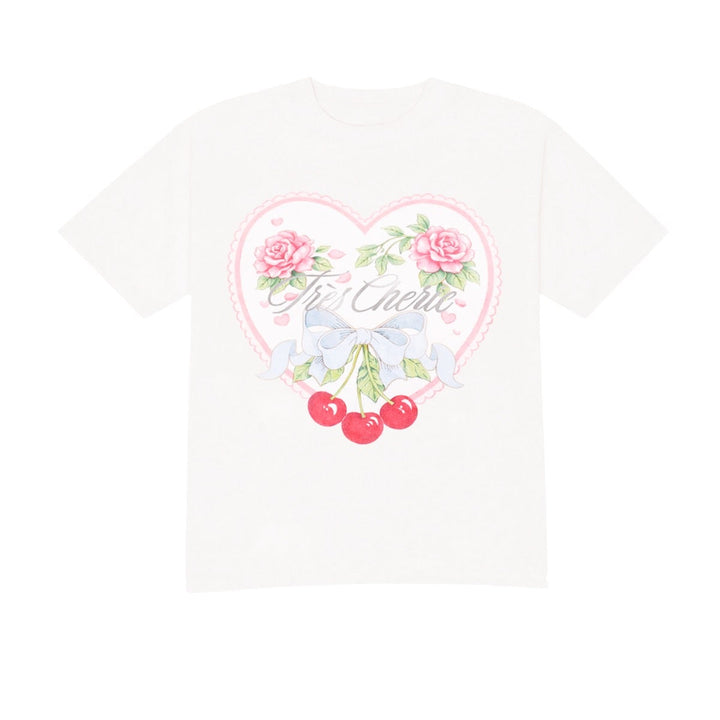 White t-shirt with a heart-shaped graphic design featuring roses and cherries on a white background
