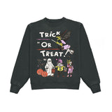 A black crewneck sweatshirt featuring a colorful 'Trick or Treat!' Halloween graphic on the front, displayed against a solid white background.