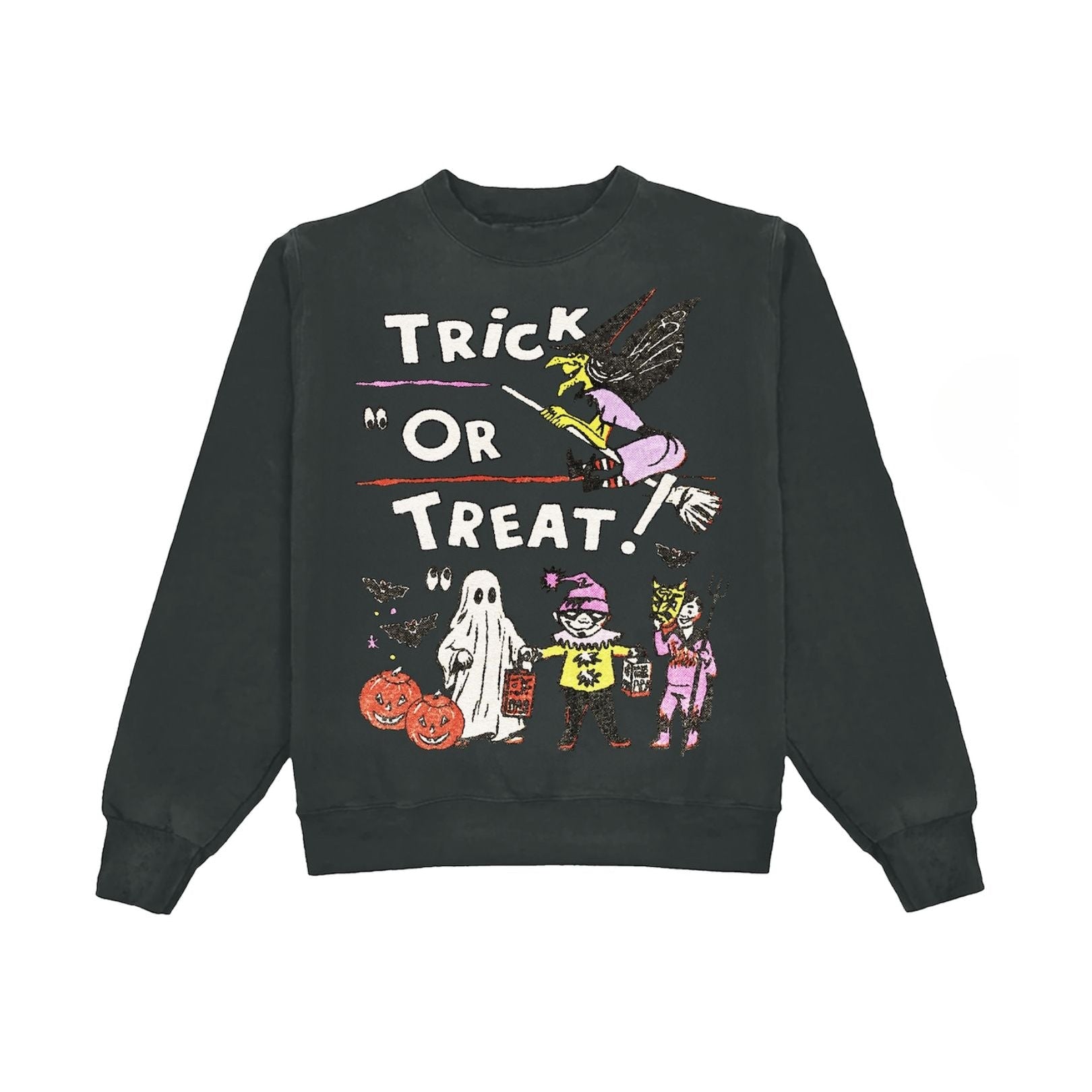 A black crewneck sweatshirt featuring a colorful 'Trick or Treat!' Halloween graphic on the front, displayed against a solid white background.